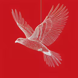 a red and white photo of a bird flying with its wings open