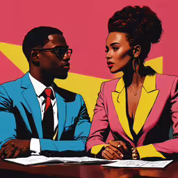 an african american couple talking in front of a star,a woman with her hands around a man in a suit sitting at a desk