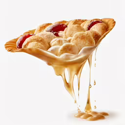 a pie with a splash of caramel syrup on top