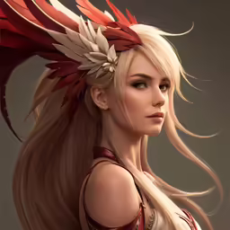 a woman wearing a white and red hair with feathers on her head