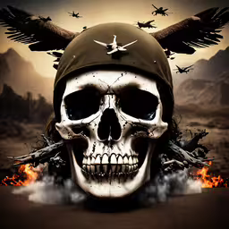 a skull wearing a helmet with large, winged wings over it