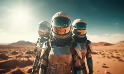 three men in futuristic space suits on sand