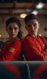 two people are standing next to each other in a room