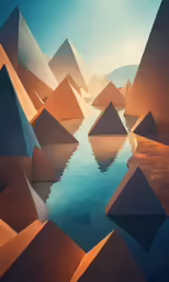 a digital painting shows pyramids on the water