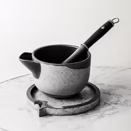 a gray mortar and bowl with black handle on marble coaster