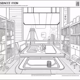 a drawing of a table in a book store,the interior of a building with many shelves and furnishings