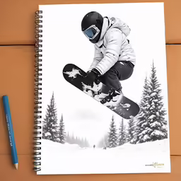 a notebook with a snowboarder jumping and trees