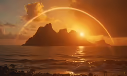 there is a very bright orange sunset over an island