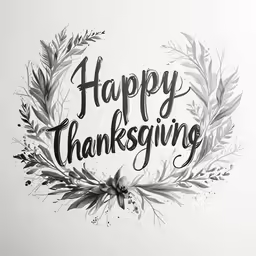 an ink drawing of a wreath and lettering that reads, happy thanksgiving