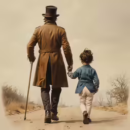 a man walking down a road with a small child