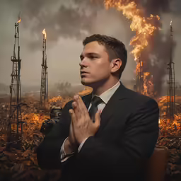 man sitting in front of a fire while holding his hands