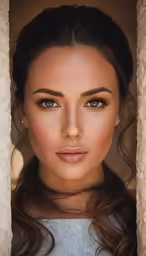 woman with pale makeup looking to her left through greeed wall