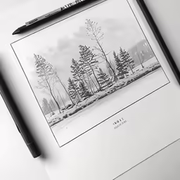 some black and white images of trees and a pen