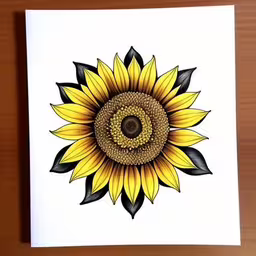 a sunflower with a yellow center in a white card,a hand painted sunflower with a black outline