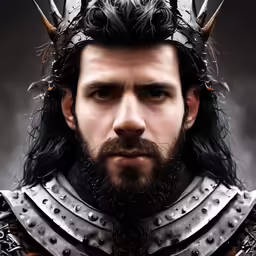 a man in armor with horns and a beard