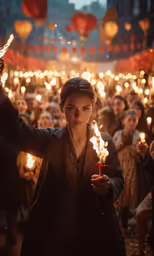 a woman holds a lite candle in a crowd