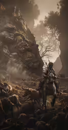 a game character riding a horse next to animals