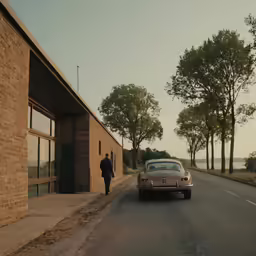 an old car is parked in front of the building