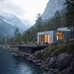 the house sits near the water on the edge of a large cliff