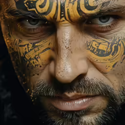 a man with yellow face and face paint on his face