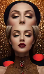woman with red lipstick and gold dress under her eyes, wearing red jeweled jewelry and hat