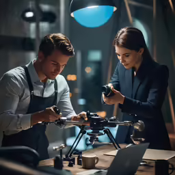 an office worker and a businesswoman look over their project on the camera