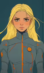 a woman wearing blue and orange and looking at the camera