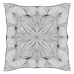 the square drawing is an artistic design with a lot of leaves,the back of a square cushion cover that features a leafy design on it,a drawing of an intricate design with white background,a square, patterned cushion made with leaves and circles,an image of a pillow that looks like a drawing