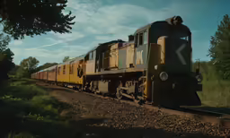 a very big train on some tracks by some grass