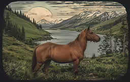 this is a painting of a brown horse near a lake