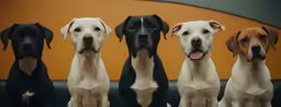 group of dogs posing for the camera in front of an orange wall
