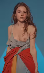 the woman in the red and gray dress is posing for a picture