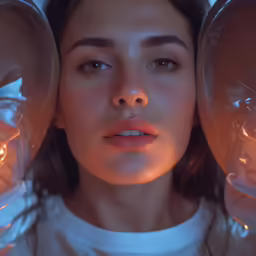 the woman is holding two lights up with both hands