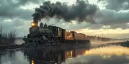 a train on tracks on the edge of a body of water