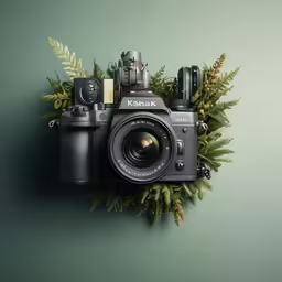 there is a camera with the lens out and there is a fern plant in front of it