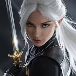 a woman wearing black with long white hair is holding a sword