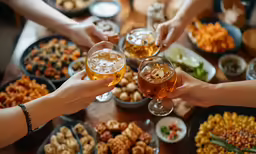 two people hold wine glasses above an array of appetizers