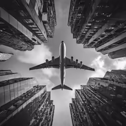 an airplane is flying through the air in between buildings