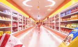 a woman walks through a shopping mall between stores