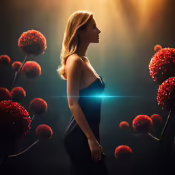 a beautiful woman standing next to some red flowers
