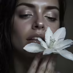 the woman is holding the flower in her mouth