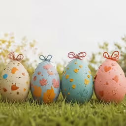 a row of three painted eggs with bows and confetti