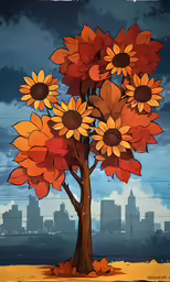 the drawing shows an artistic arrangement of sunflowers with a backdrop of cityscape