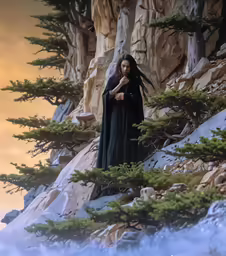 a statue of a woman dressed in black and standing on a mountain