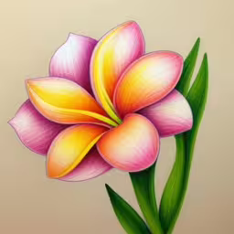 a drawing of a pink and yellow flower,a drawing of a pink flower on paper