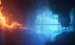 a window with bars lit up, with red and blue flames