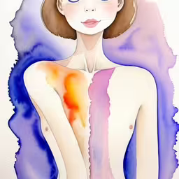a drawing of a woman with large breast and brown hair,a drawing of a woman in purple and red, with her right arm extended