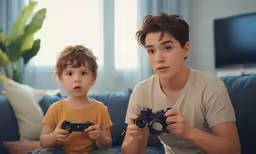 a couple of young men holding remote controls