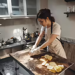 a woman that is standing over a table with lemons