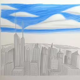 pencil drawings in progress, the skyline of a city with high rise buildings is shown,a drawing of a big city in blue and white